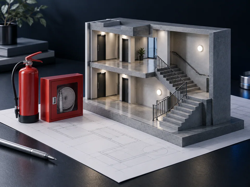 Composição conceitual de arquitetura e elementos de prevenção e combate a incêndio.